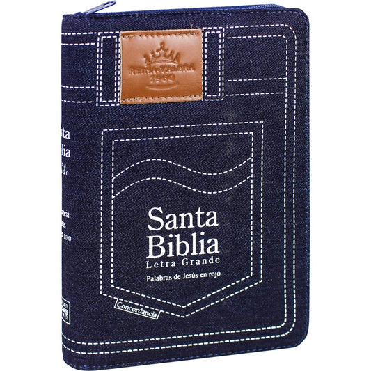 Biblia RVR60, Concordancia, Letra Grande, palabras de Jesus en rojo, tapa jean acolchada, ziper, canto azul. (Spanish Edition)